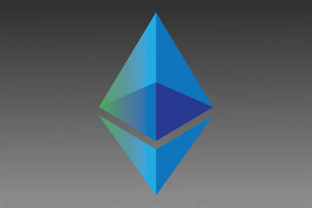 A stylized, blue and green 3D representation of the Ethereum logo against a dark gray background. Crypto boom