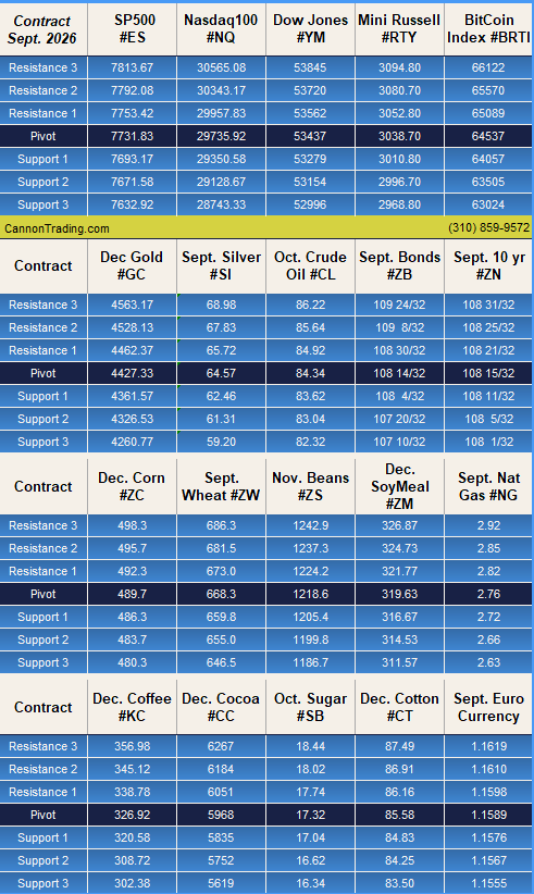 Cannon Trading daily support and resistance levels for August 19, 2026