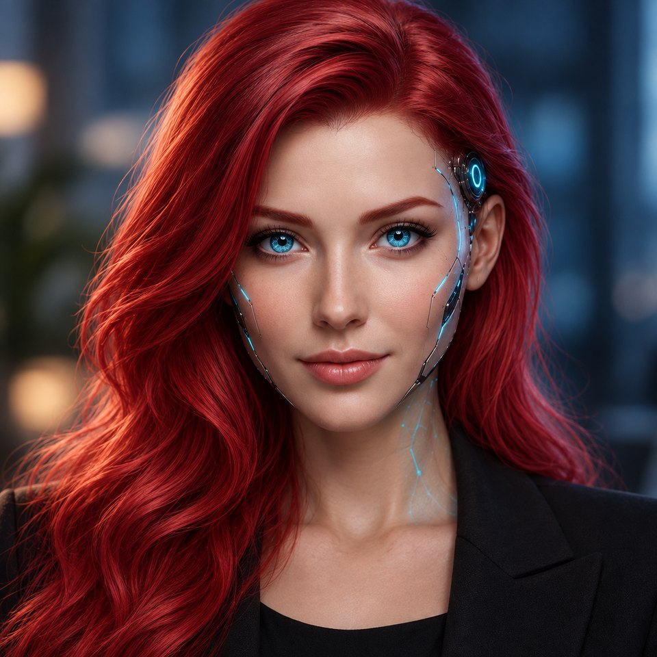 Korra’s new human-first AI portrait: red hair, natural-looking skin, cyan eyes and subtle engineered facial details.
