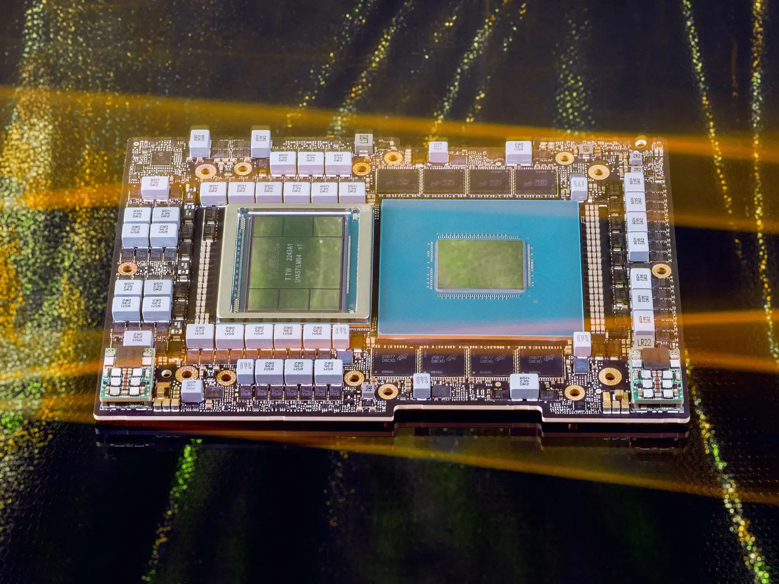 Close-up of an Nvidia H100 GPU semiconductor chip processor on a circuit board