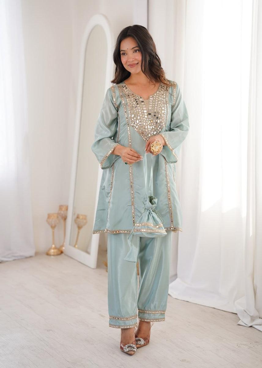Sky Blue Mirror Work Kurti Pant Set & Batwa