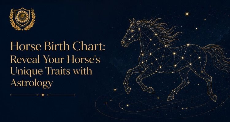 Horse Birth Chart feature image with a horse, zodiac wheel, and astrology-themed design revealing your horse's unique personality traits.
