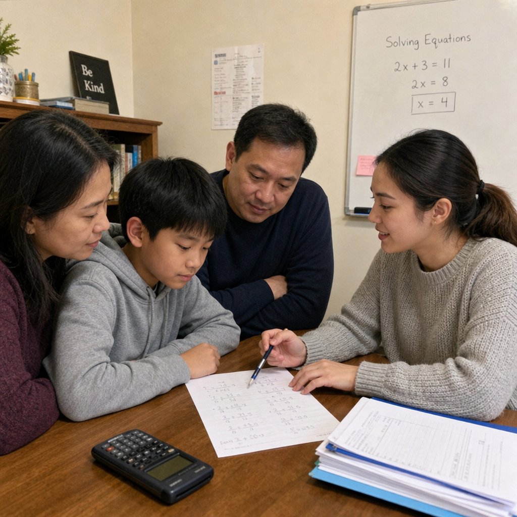 parent and student reviewing math homework with tutor