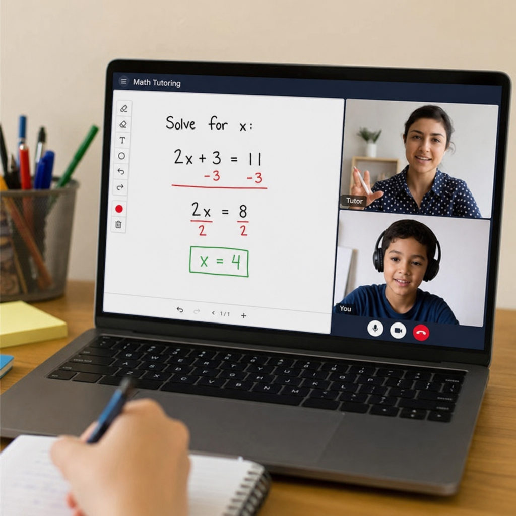 online math tutoring session on laptop with digital whiteboard
