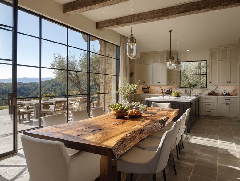 The image depicts a spacious, rustic kitchen with a large wooden table, open-plan layout, and a scenic view through large windows overlooking a lush, tree-filled landscape.

AI-generated content may be incorrect.