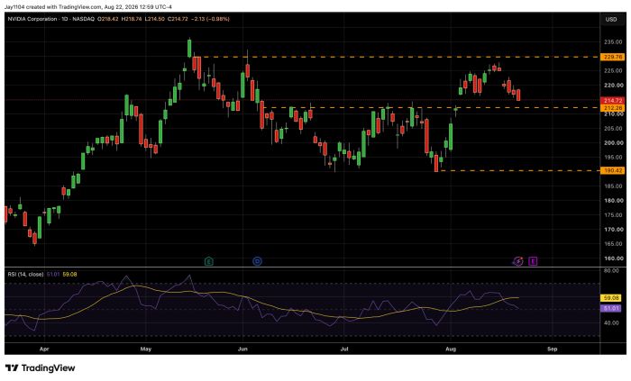 Daily NVIDIA stock chart, Apr-Sep, closing at 214.72, down 0.98%, with resistance lines at 229.76, 212.26, and 190.42, plus RSI indicator at 51.01/59.08