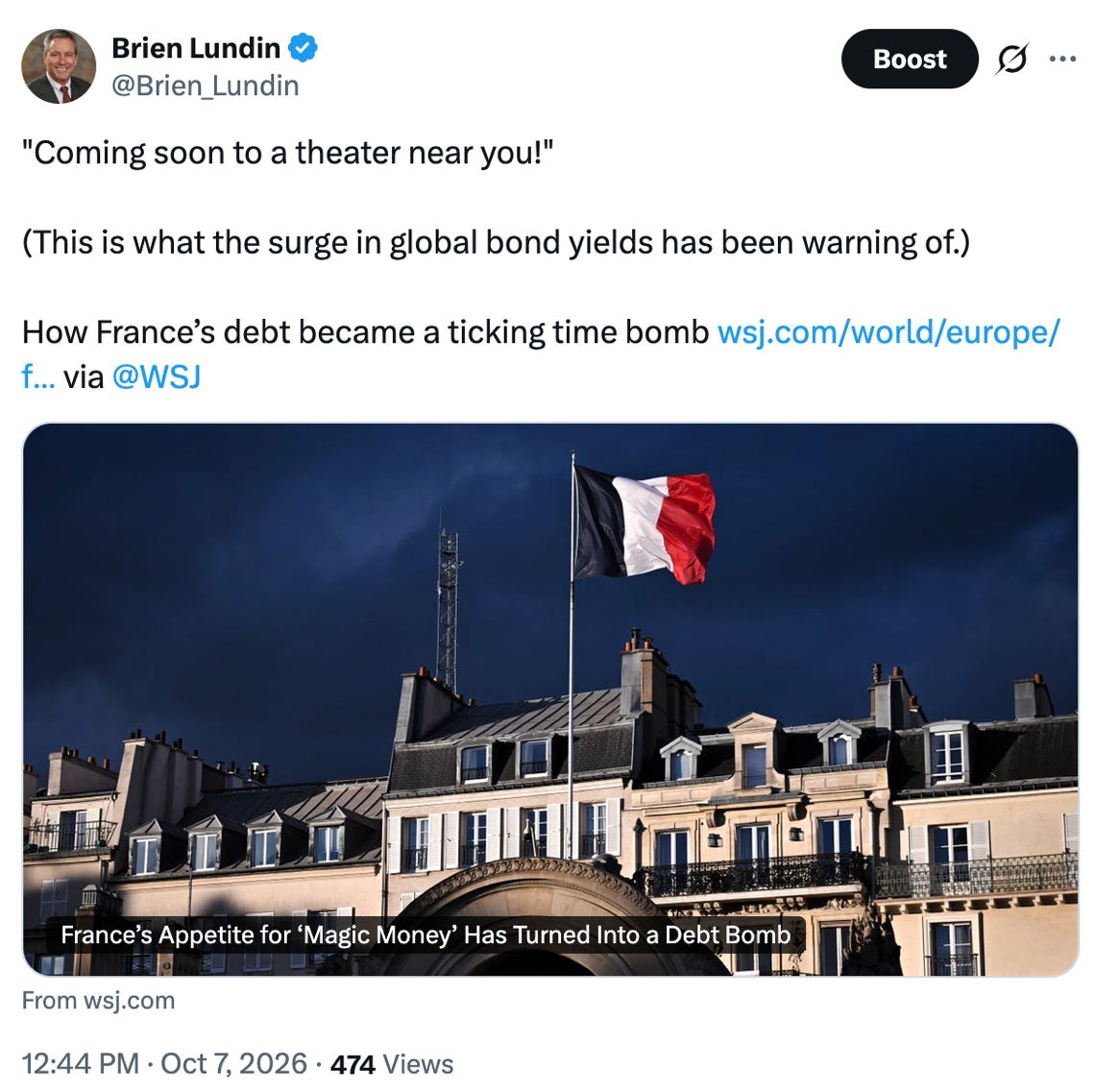 Post on X discussing France's debt crisis and gold