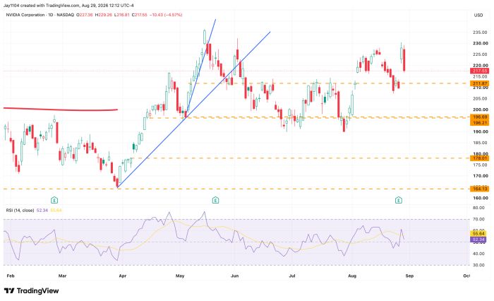 NVIDIA daily chart Feb-Sep 2026, price rising from 164 to 217.55, down 4.57%, with RSI at 52.34 and support/resistance lines near 178, 196, 211.87
