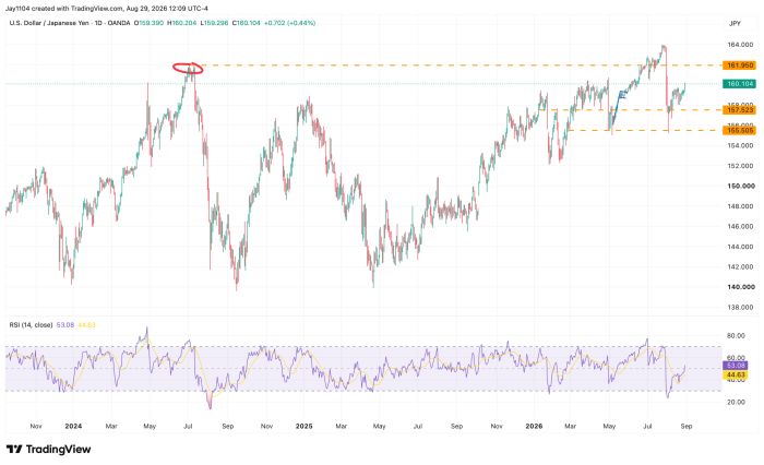 USD/JPY daily chart showing price rising to 160.104, testing resistance near 161.950 with RSI at 53.08
