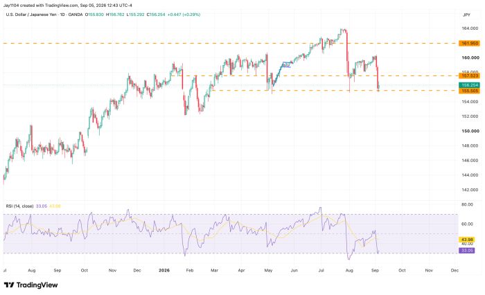 USD/JPY daily chart, rising from 144 to 164 with pullback to 156.25, RSI 33.05, key levels 155.5-162