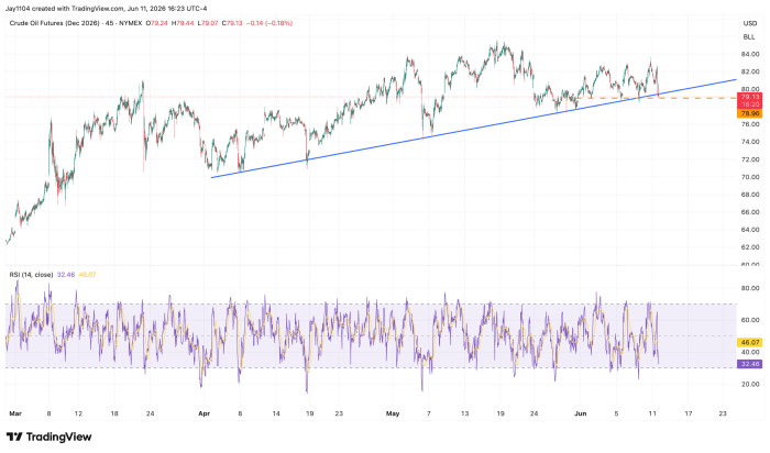 45-minute candlestick chart of Crude Oil Futures (Dec 2026) on NYMEX from March to June 2026, closing at $79.13, with an ascending trendline support near $79 and RSI at 32.46