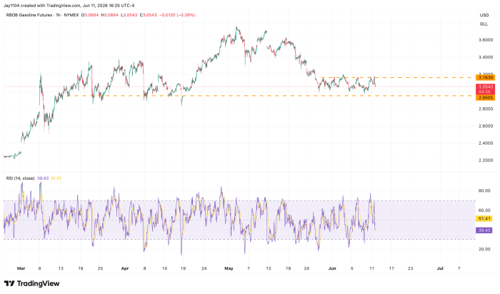 RBOB Gasoline Futures 1-hour chart (NYMEX) from March to July 2026, showing price near $3.0543 with key support at $2.9505 and resistance at $3.1630, with RSI at 39.43