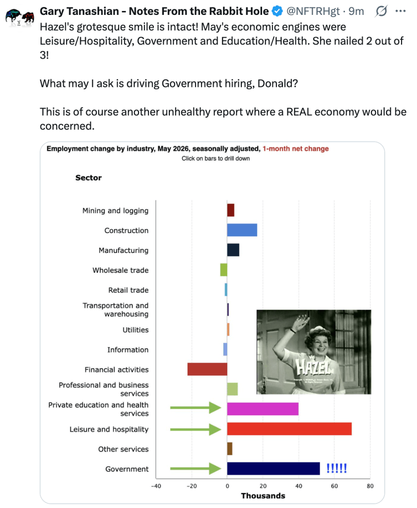 A chart illustrating employment change by industry, featuring sectors like Government, Leisure, and Hospitality. An image of a smiling woman named Hazel is included in the top right corner.