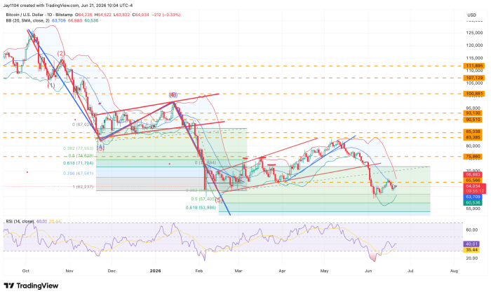Daily Bitcoin/USD chart on TradingView showing price decline from ~$125,000 to ~$64,034, with Bollinger Bands, Fibonacci retracement levels, Elliott Wave labels, trendlines, and RSI at 40.01