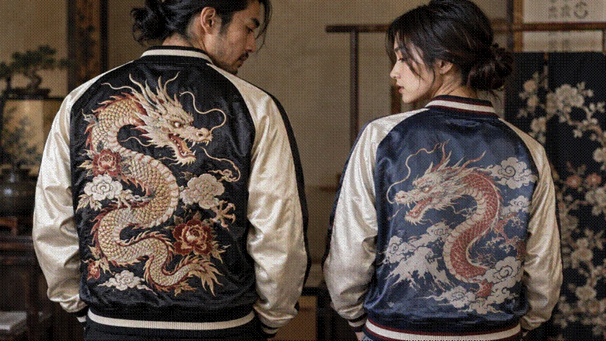 Title: Embroidery versus screen print comparison on a sukajan jacket - Description: Embroidery versus screen print comparison on a sukajan jacket