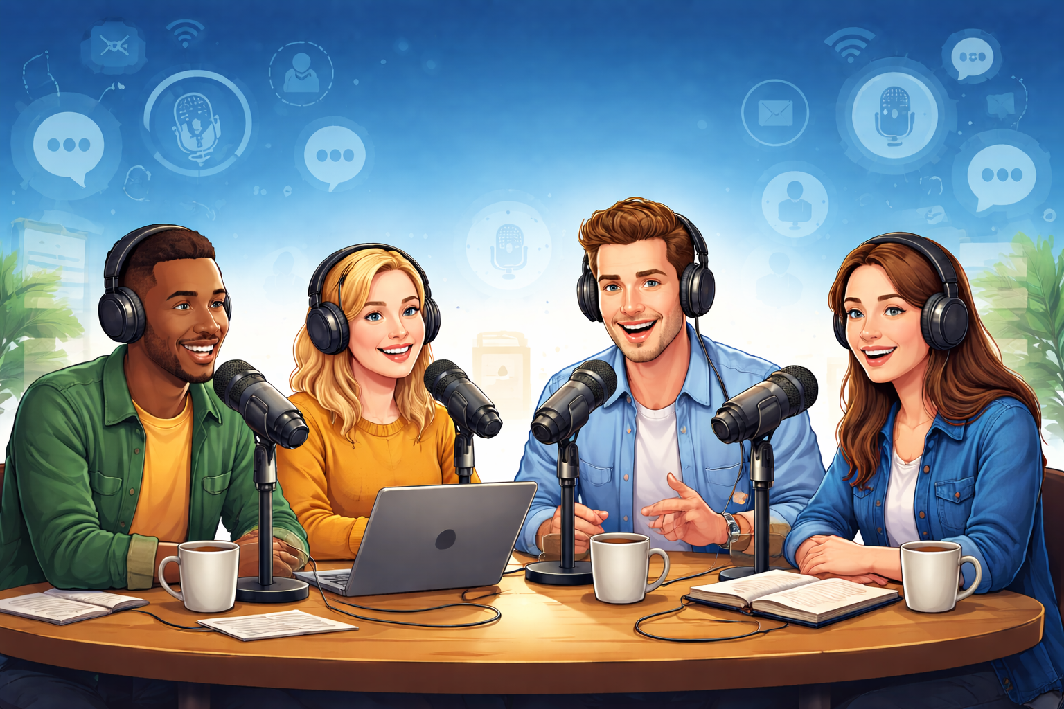 Podcast hosts in vibrant studio setup.png
