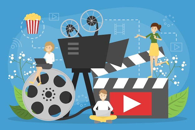 Online cinema concept. entertainment at home with popcorn | Premium Vector