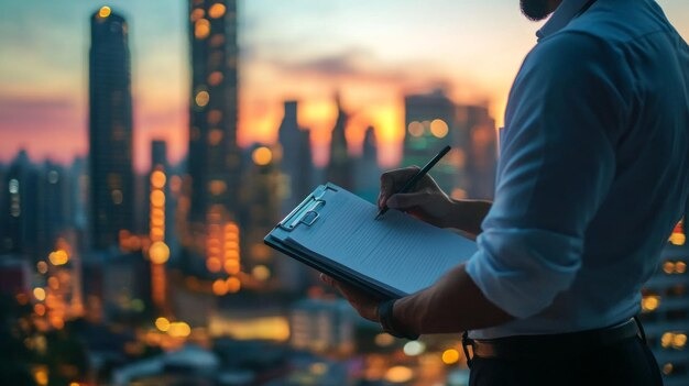 man writing on clipboard in front of blurred city skyline at sunset
