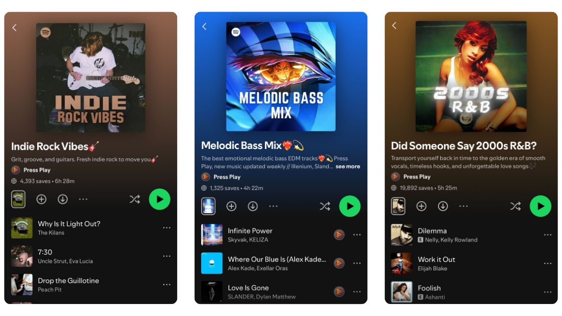 Three music app screens displaying different genres with colorful interfaces.