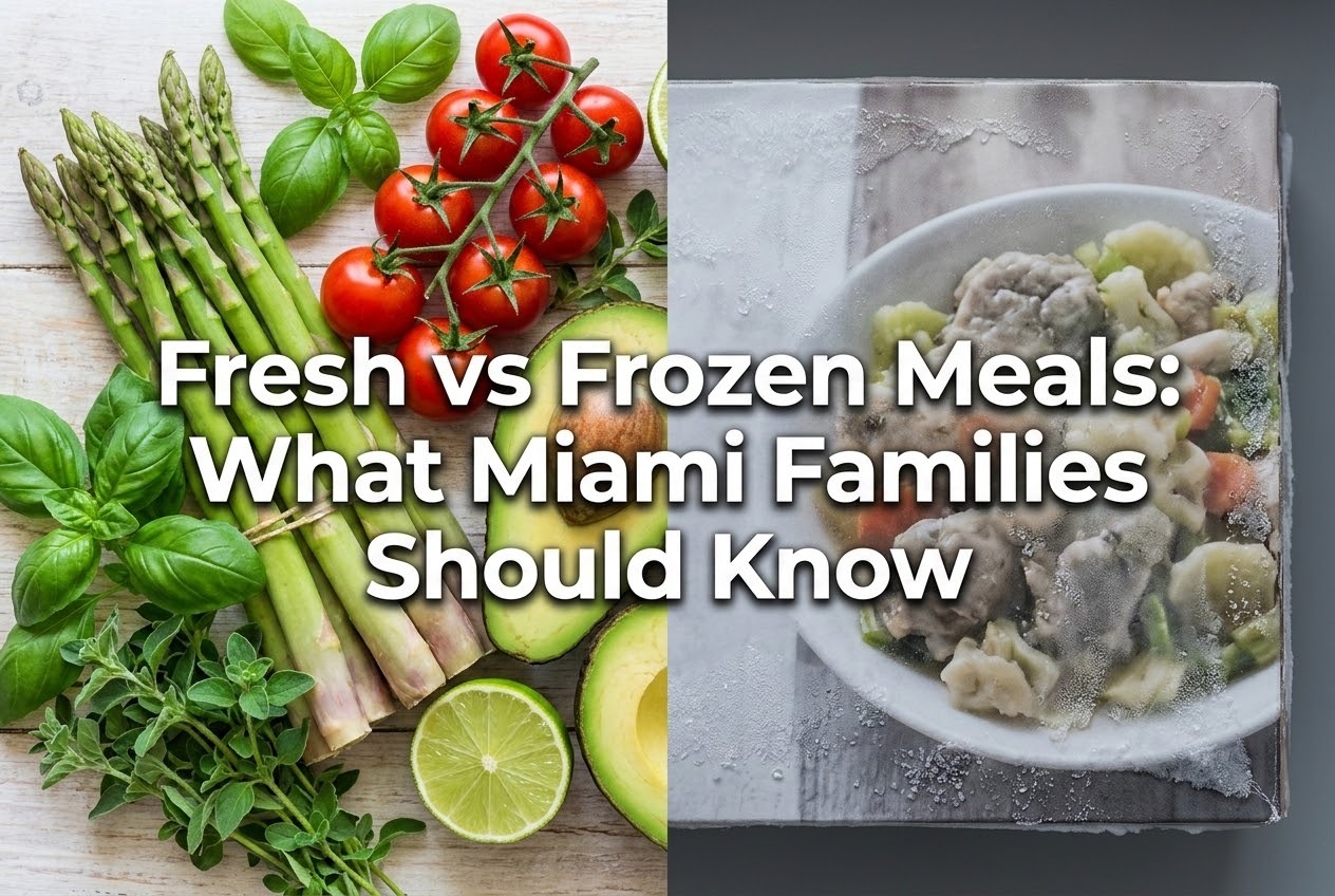 A feature-sized side-by-side comparison image for an article titled 'Fresh vs Frozen Meals: What Miami Families Should Know'. On the left side, vibrant, fresh ingredients like crisp green vegetables, bright red tomatoes, and fresh herbs are arranged artistically. On the right side, a generic frozen meal container with frosted-over packaging and muted colors. The title 'Fresh vs Frozen Meals: What Miami Families Should Know' is prominently displayed in clean, modern typography across the center of the image.
