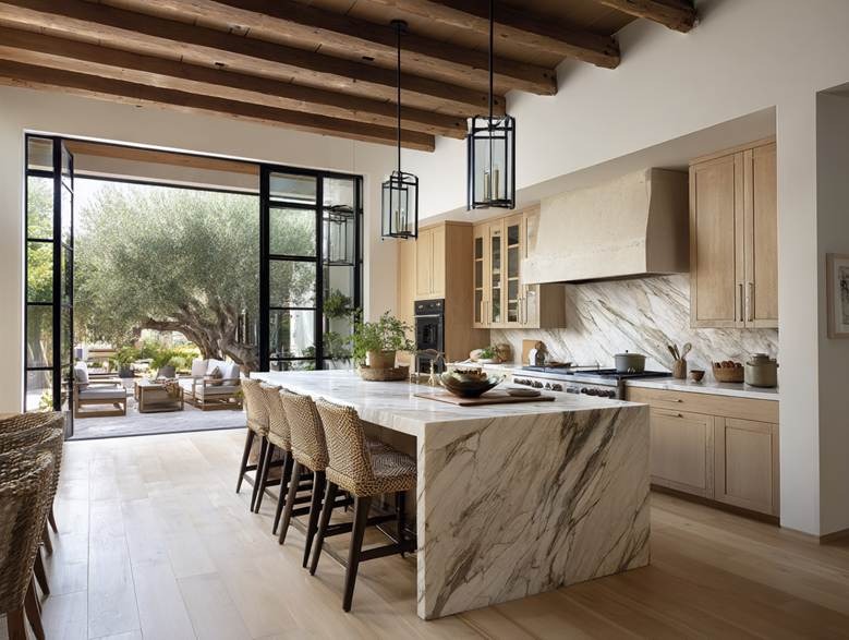 The image depicts a spacious, modern kitchen with exposed wooden beams, a marble island counter, a mix of white and warm tones, and an open layout with natural light streaming through large windows.

AI-generated content may be incorrect.