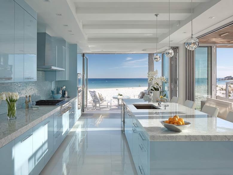 A kitchen with a large island and a large window

Description automatically generated