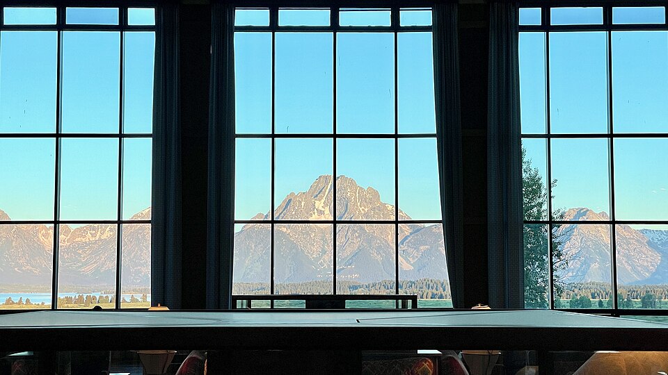 The window from the Jackson Hole Lodge frames the spectacular view of Mount Moran.