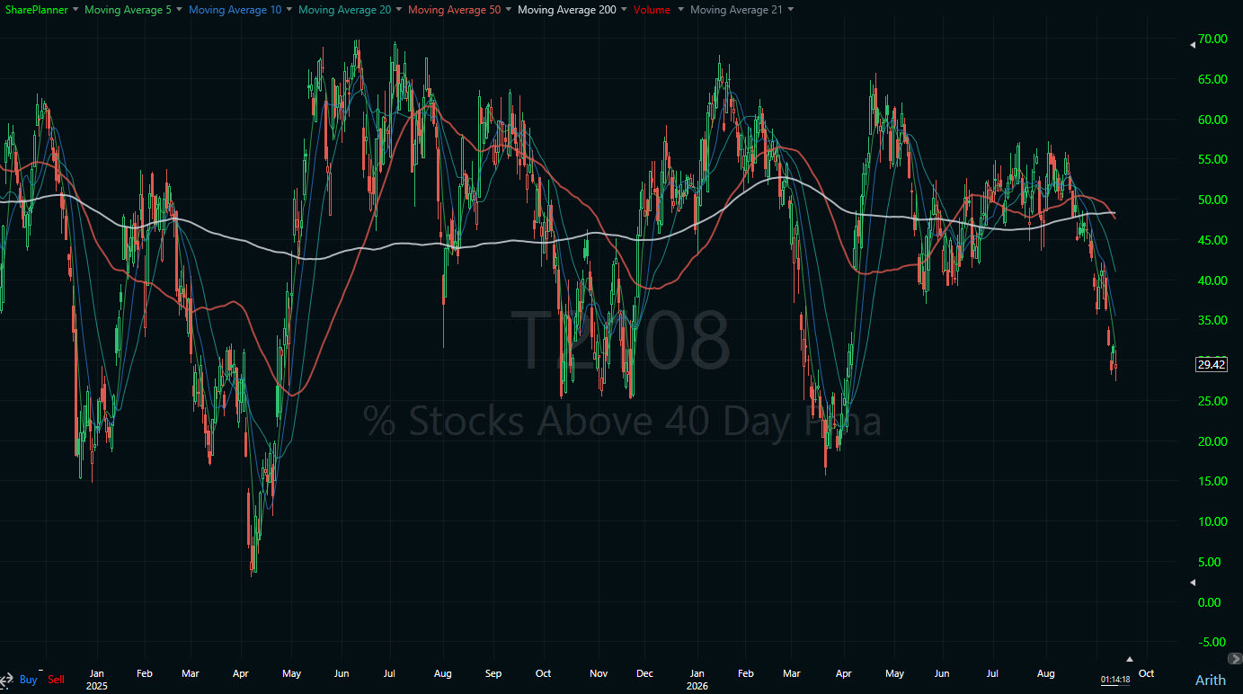 T2108 measures the percentage of stocks trading above their 40-day moving average.