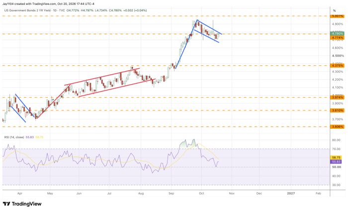 Daily chart of US Government 2 YR Bond Yield rising from about 3.7% to 4.78%, with trend channels and RSI at 55.83