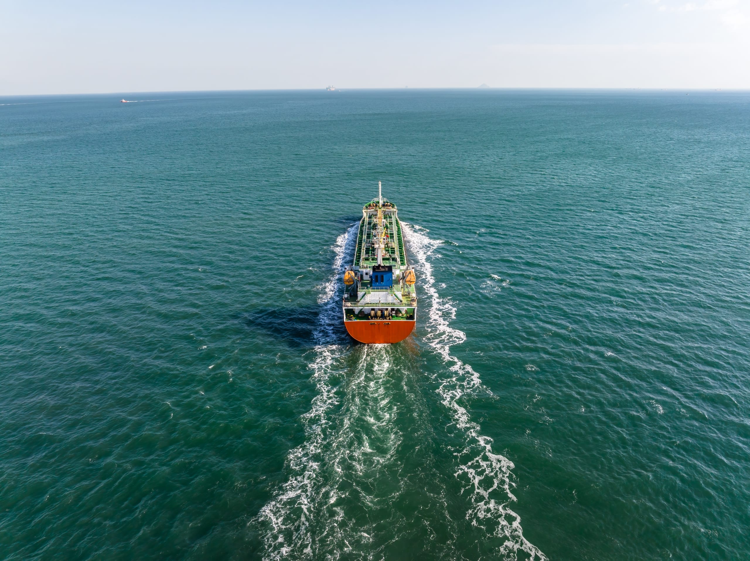 Droen aerial view of an oil tanker is sailing at sea