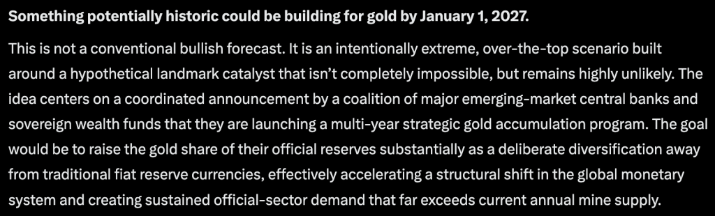 Anthropic's Claude AI predicts that in the event of a specific landmark hitting, Gold could go parabolic by January 1, 2027