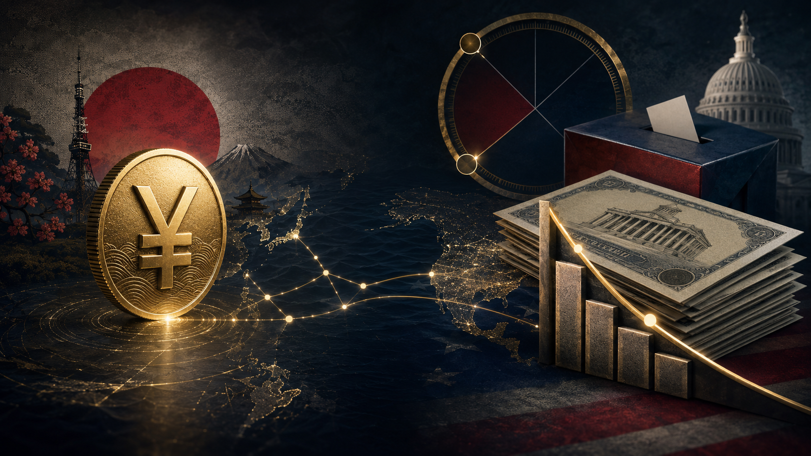 Ilustration connecting a Japanese yen coin to U.S. Treasury bonds, declining interest rates, a ballot box, and the U.S. Capitol through glowing financial pathways.