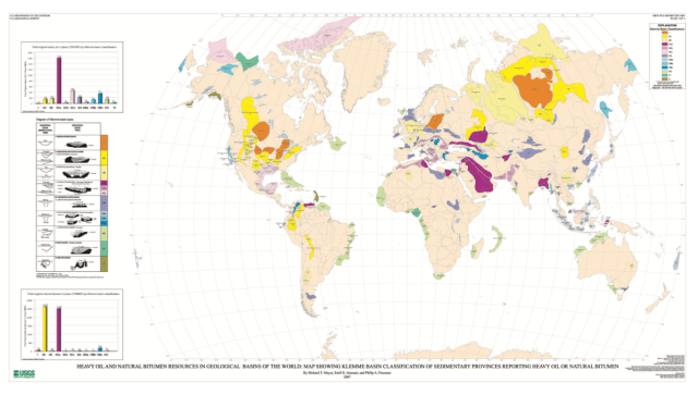 World map showing sedimentary basins with heavy oil and natural bitumen resources, featuring color-coded regions based on resource classification. Includes graphs illustrating total original oil in place and diagrams of various basin types.