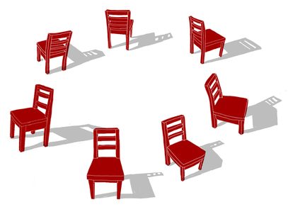Seven red chairs arranged in a circular formation, casting shadows on a white background.