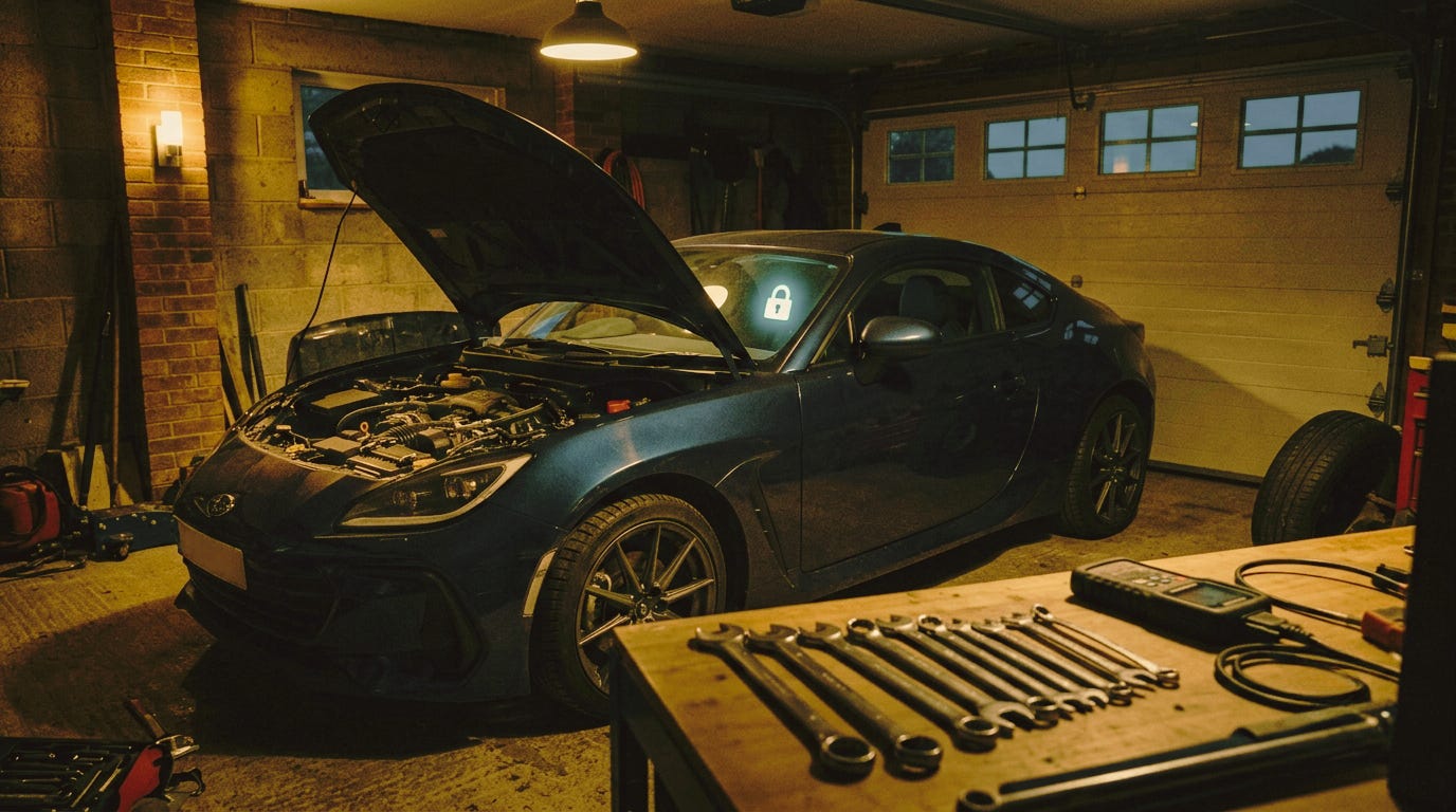 Dark blue sports car with open hood being serviced in dimly lit garage