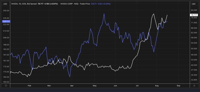Chart showing NVIDIA stock price (225.71) and CDS bid spread (78.717) from February to September, both trending upward over the period