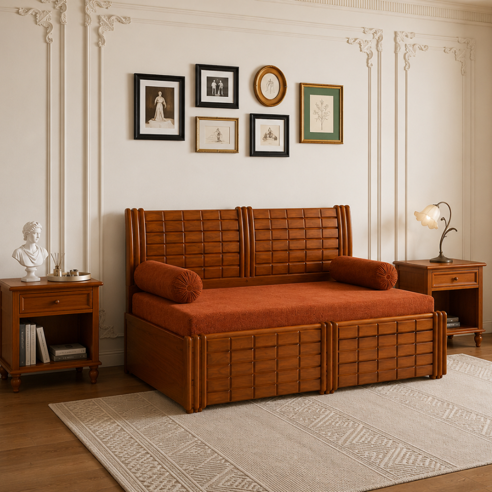 Wooden Diwan Cum Bed with carved panel frame, rust orange cushioned seat and matching bolster pillows, set against a classic gallery wall