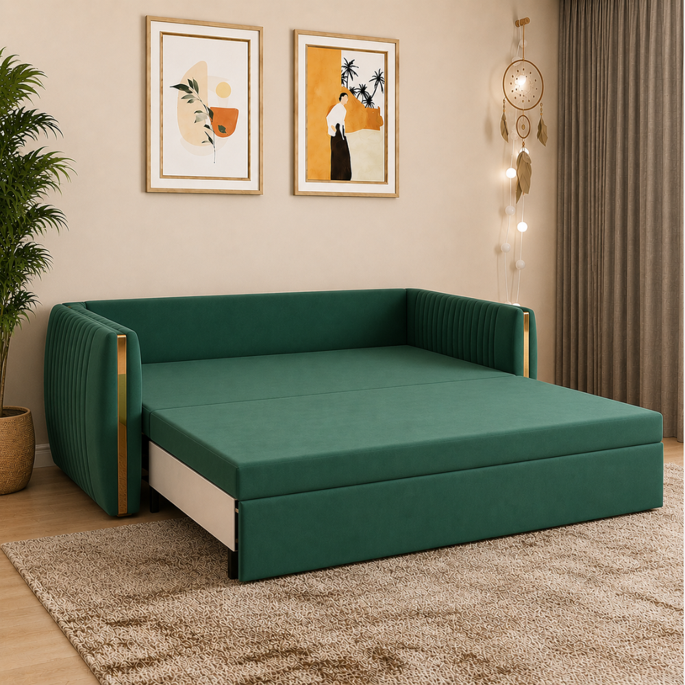 Emerald green velvet sofa cum bed with gold trim, pulled out into a queen-size bed with tufted channel-back arms, in a modern living room setting