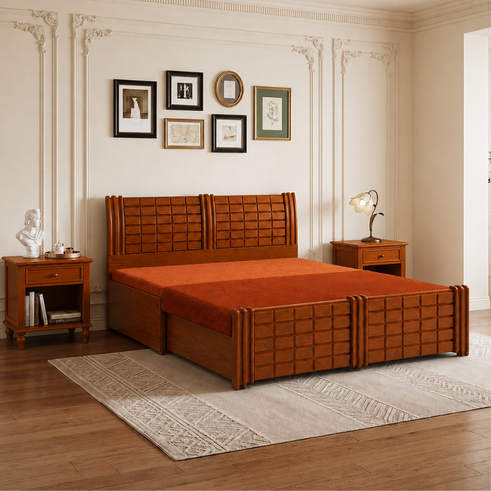 Wooden Diwan Cum Bed with carved lattice headboard, expanded into a full-size bed with rust orange upholstered mattress, in a classic bedroom setting