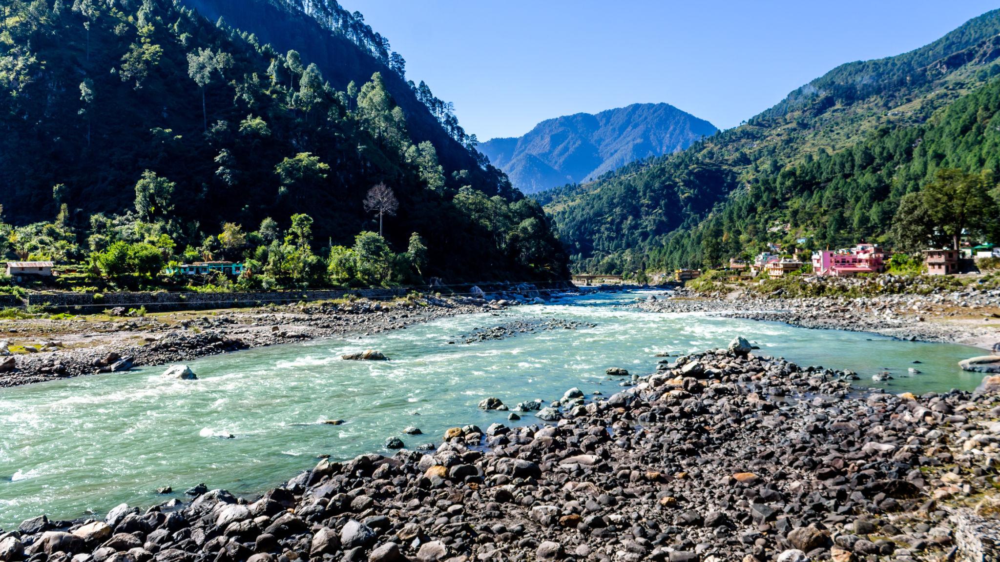 Bhagirathi River flowing through the Himalayan landscape near Uttarkashi